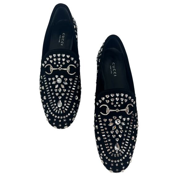 Gucci Jordaan Black Suede Loafers With Crystal Appliqué - Picture 5 of 16
